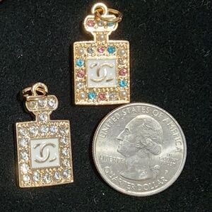 Two Gold-Tone Upcycled Perfume Bottle Charm Pendants Multicolor/ Crystal Stones